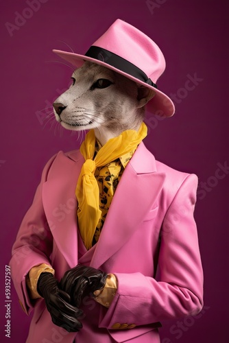 Elegant panter wearing colorful clothes on a pink background. Generative AI photo