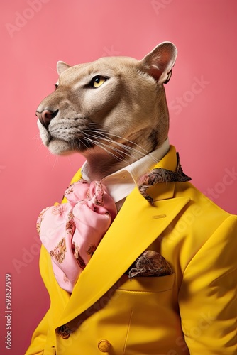 Elegant panter wearing colorful clothes on a pink background. Generative AI photo