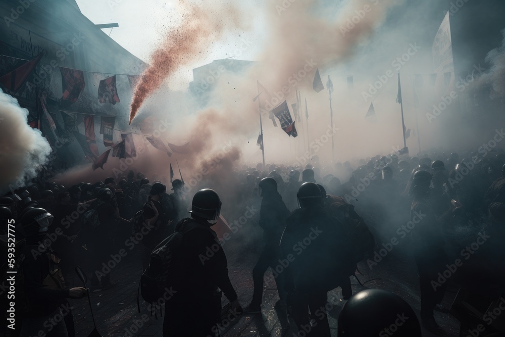 The scene shows a massive and spirited group of sports fans making their way down a street near the stadium, carrying flares and colored smoke in the colors of their club Generative AI