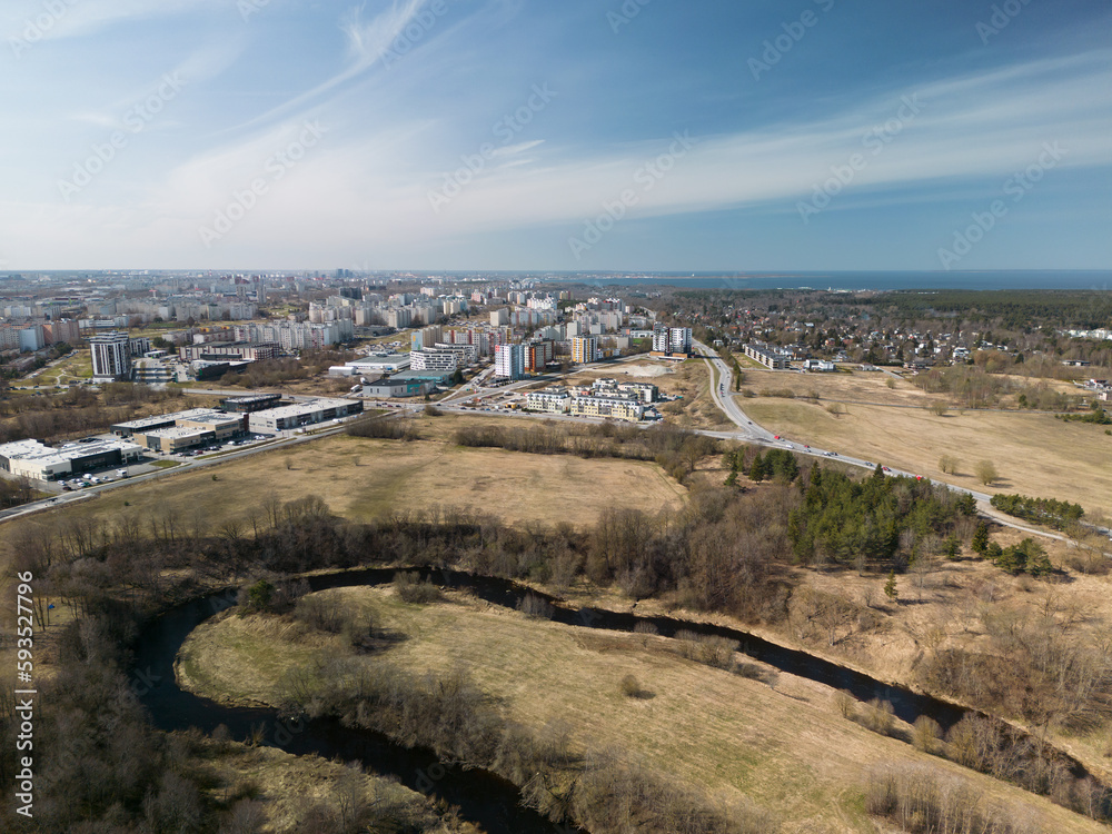 Estonia, Tallinn April 2023. View from a height of the Pirita River and the area of ​​Prisle Lasnamäe.