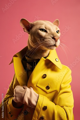 Elegant panter wearing colorful clothes on a pink background. Generative AI photo