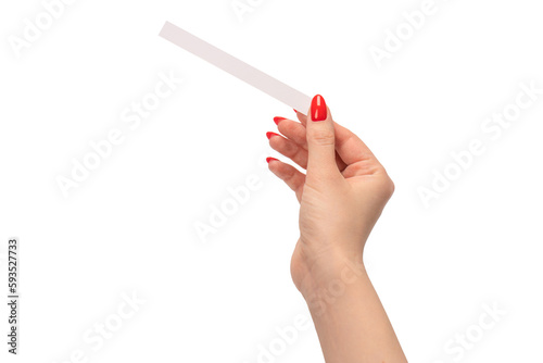 Εκτύπωση καμβά Woman hand with red nails with test strips for the perfume, isolated on a white background