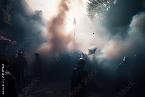 The scene shows a massive and spirited group of sports fans making their way down a street near the stadium, carrying flares and colored smoke in the colors of their club Generative AI