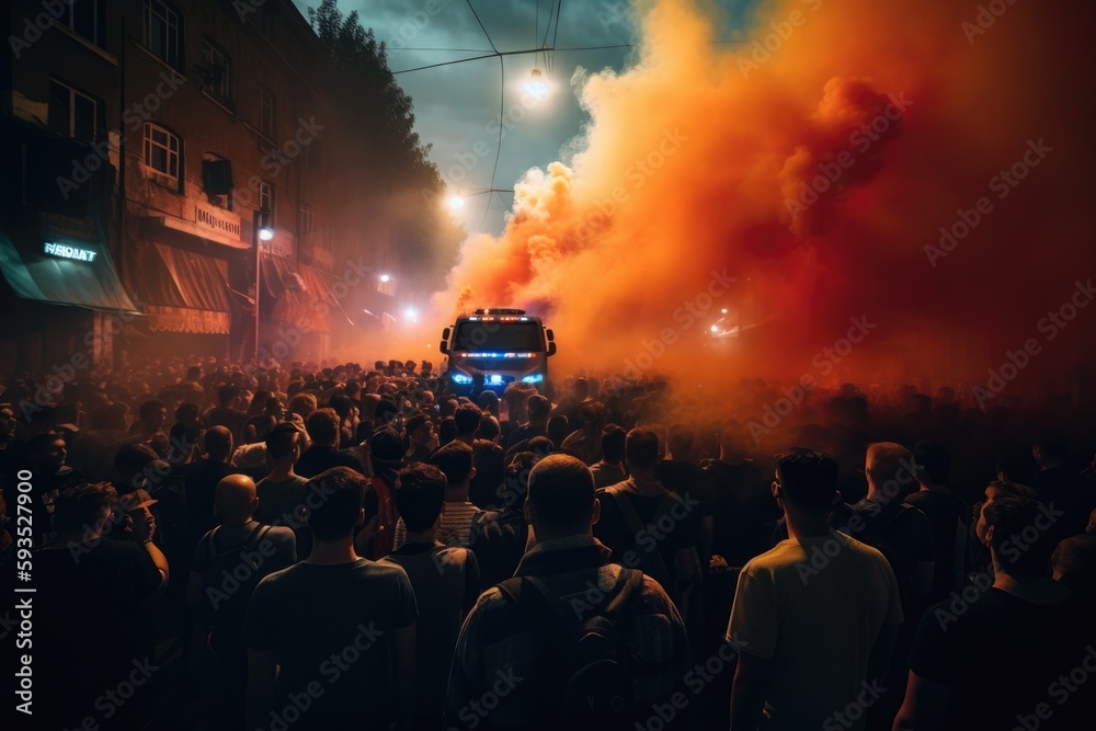 The scene shows a massive and spirited group of sports fans making their way down a street near the stadium, carrying flares and colored smoke in the colors of their club Generative AI