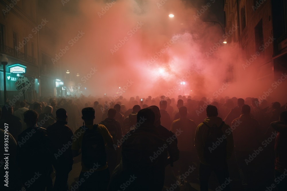 The scene shows a massive and spirited group of sports fans making their way down a street near the stadium, carrying flares and colored smoke in the colors of their club Generative AI