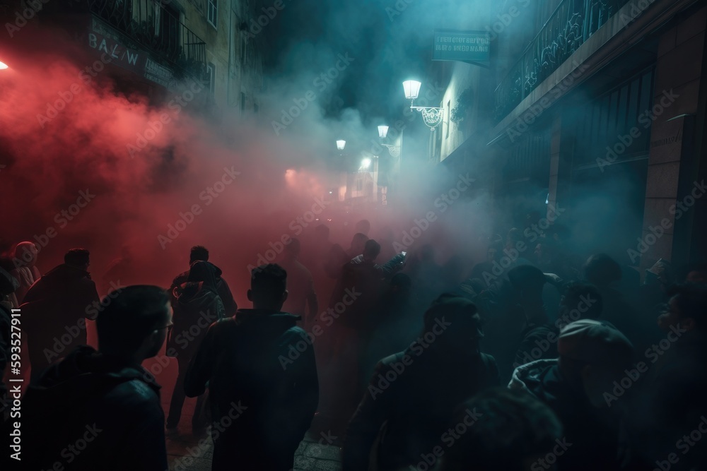 The scene shows a massive and spirited group of sports fans making their way down a street near the stadium, carrying flares and colored smoke in the colors of their club Generative AI