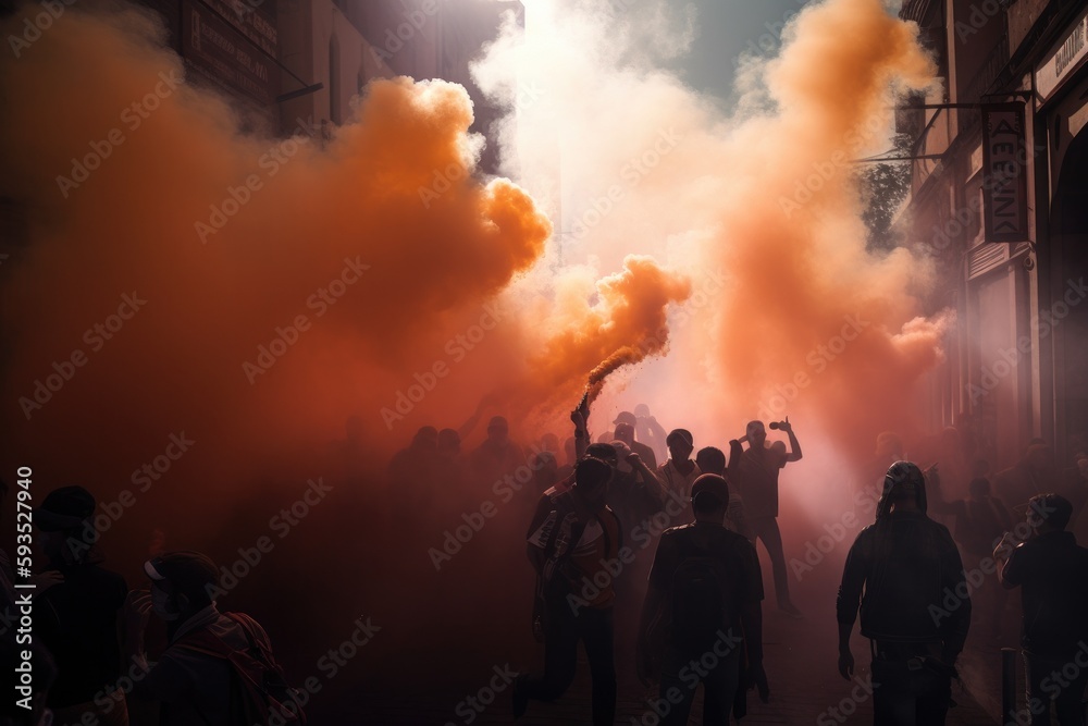 Obraz premium The scene shows a massive and spirited group of sports fans making their way down a street near the stadium, carrying flares and colored smoke in the colors of their club Generative AI