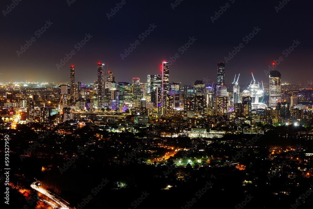 Bird's eye view of Brisbane CBD illuminated at night in Queensland, Australia