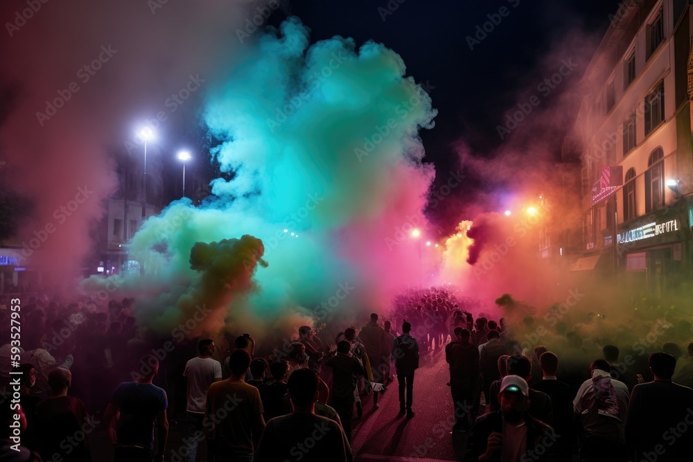 The scene shows a massive and spirited group of sports fans making their way down a street near the stadium, carrying flares and colored smoke in the colors of their club Generative AI