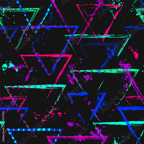 Pattern with triangles, paint brush strokes, paint splatter, smudge of neon bright colors. Virtual abstract background. Grunge style for sports goods, prints, clothing, t shirt design, vinyl wrap.