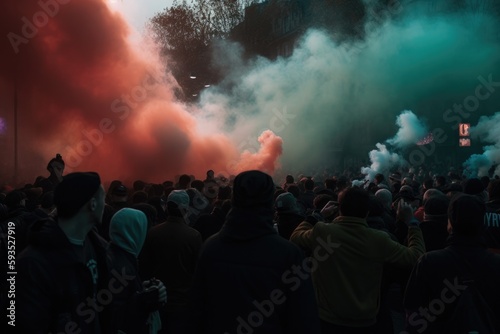 The scene shows a massive and spirited group of sports fans making their way down a street near the stadium, carrying flares and colored smoke in the colors of their club Generative AI © ChaoticMind