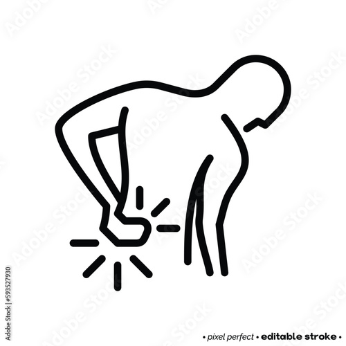 Backache thin line icon. Man touching his back. Osteoporosis, arthritis symptom.  Pixel perfect, editable stroke. Vector illustration.