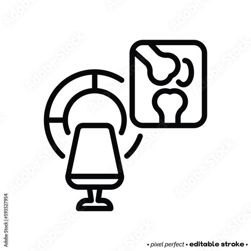 MRI knee scan. Arthritis diagnostics. Thin line icon, pixel perfect, editable stroke. Vector illustration.