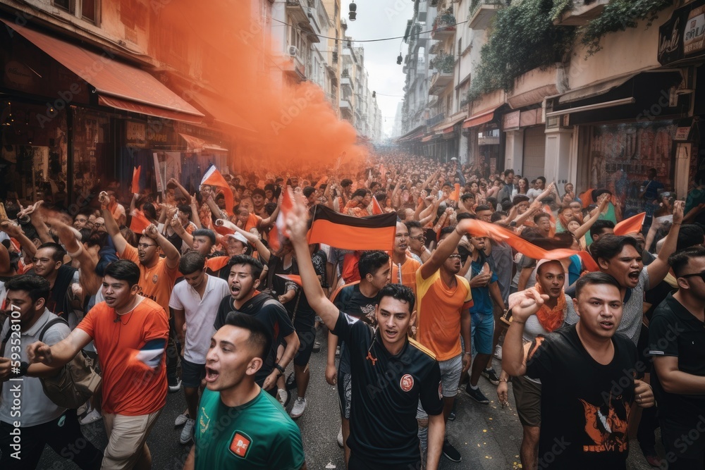 Fototapeta premium The scene shows a massive and spirited group of sports fans making their way down a street near the stadium, carrying flares and colored smoke in the colors of their club Generative AI