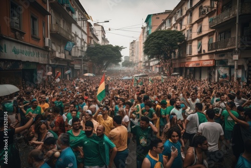 The scene shows a massive and spirited group of sports fans making their way down a street near the stadium, carrying flares and colored smoke in the colors of their club Generative AI