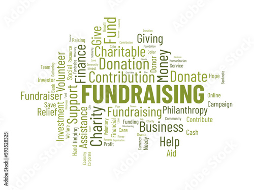 Word cloud background concept for Fundraising. Charity funding, philanthropy donation support of charitable contribution. vector illustration.