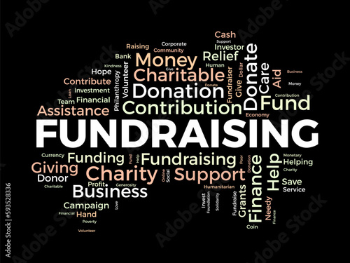 Word cloud background concept for Fundraising. Charity funding, philanthropy donation support of charitable contribution. vector illustration.