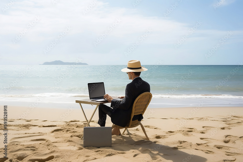 Work-Life Balance, A businessman working remotely from a beautiful beach, Generative AI