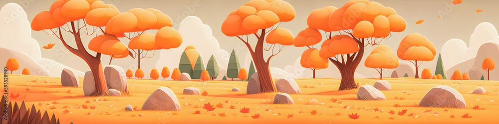 Autumn valley with trees, rocks, and mountains. Path running through center, Generative AI.