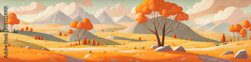 Autumn valley with trees  rocks  and mountains. Path running through center  Generative AI.