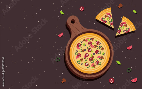 Pizza banner or background. Pizza on the board. Vector illustration.