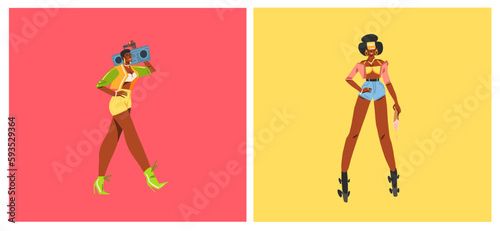 Hand drawn vector abstract graphic contemporary illustrations characters collection set of young happy vintage african american women roller skaters on disco party 90s feminine retro.Funky characters.
