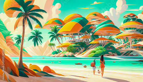 Idyllic vacation spot, palm trees, beach chairs, and crystal clear waters. A dream come true. Illustrated in a stylized manner, created by Generative AI