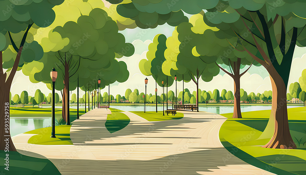 Obraz premium Urban park with paths, benches, and trees. Drawn style, Generative AI