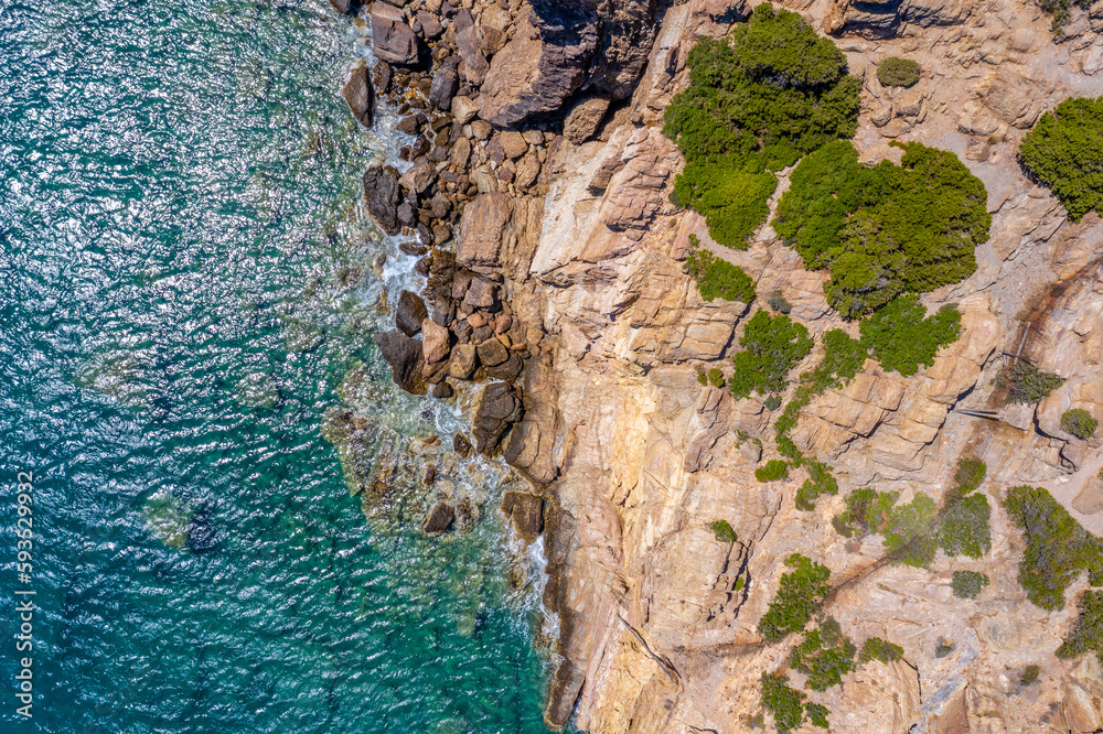 Palm Vai Beach, Crete, Greece - beautiful drone aerial view of rocky beach, blue water, sky Palm Vai Beach, Crete, Greece - beautiful drone aerial view of rocky beach, blue water, sky