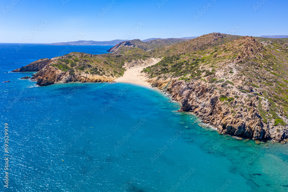 Palm Vai Beach, Crete, Greece - beautiful drone aerial view of rocky beach, blue water, sky