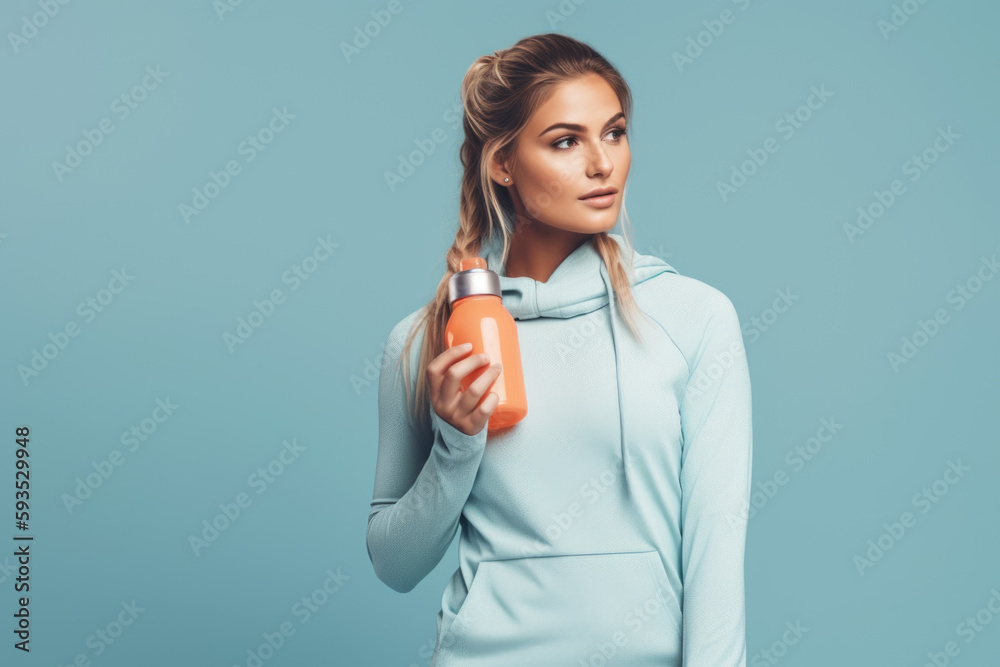 Fit and Refreshed: Woman taking a sip from water bottle in fitness clothing on pastel blue background with space for text. Copy space. Active lifestyle and Wellness concept AI Generative Fit and Refreshed: Woman taking a sip from water bottle in fitness clothing on pastel blue background with space for text. Copy space. Active lifestyle and Wellness concept AI Generative