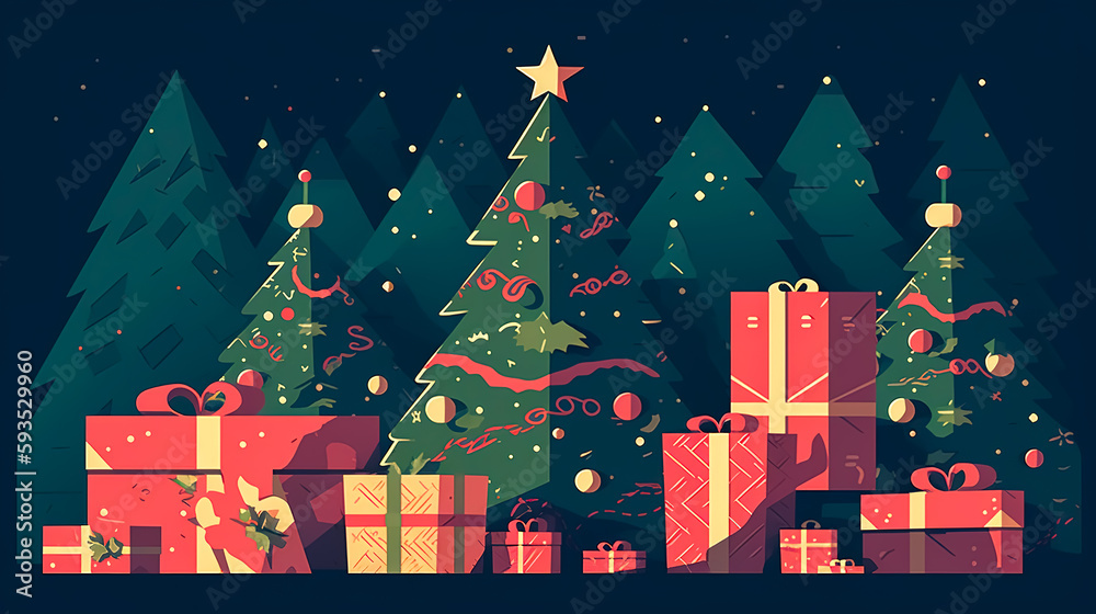 Christmas background with gift boxes and fir trees, generative AI.