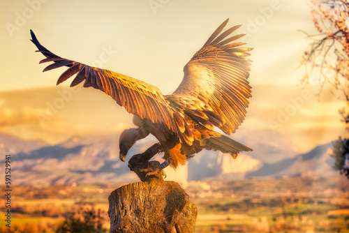 A vulture with its wings spread perches on a log at sunrise against a mountain background
