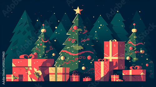 Christmas background with gift boxes and fir trees, generative AI. © puhimec