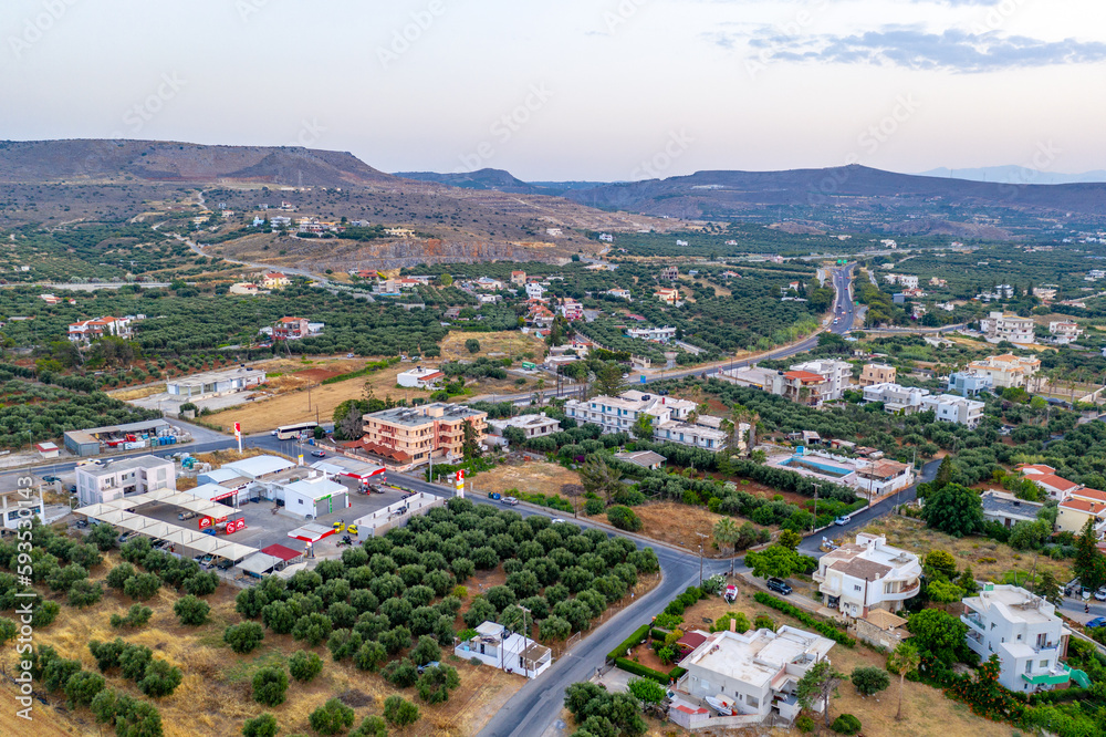 Crete, Greece - olive groves and city aerial view, landscape aerial photography, hills and mountains in the background