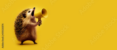 hedgehog with megaphone, panoramic layout. Generative Ai