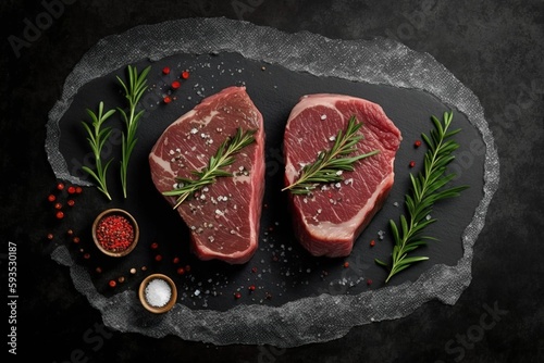 Raw Beef on a Slate Canvas. Uncooked Steaks on Slate Raw Steak on Dark Shale.