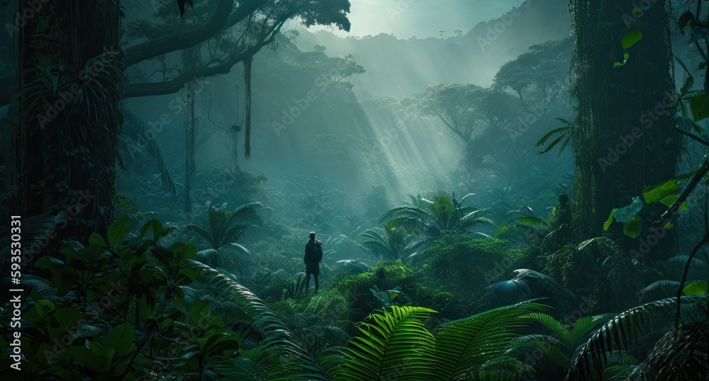 An adventurer standing in a jungle created with Generative AI