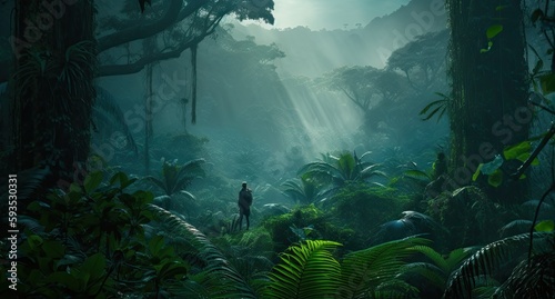 An adventurer standing in a jungle created with Generative AI