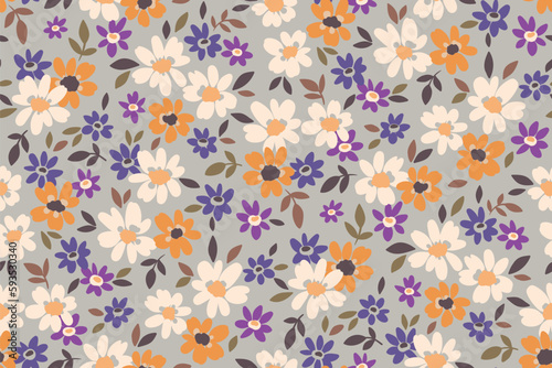 Seamless floral pattern, liberty ditsy print with rustic motif. Cute botanical design for fabric, paper of pretty hand drawn plants: small flowers, tiny leaves on gray background. Vector illustration.