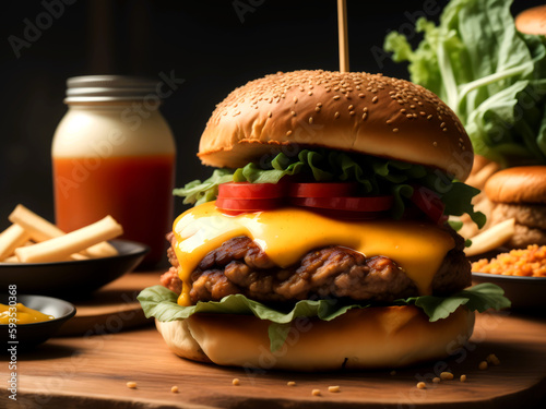 A cheeseburger with lettuce, tomato, and onion on a cutting board with fries and ketchup