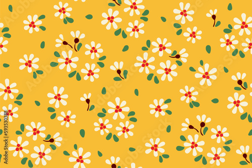 Seamless floral pattern, liberty ditsy print with tiny cute daisies. Pretty botanical design for fabric, paper with hand drawn flora: small decorative flowers, leaves on a yellow background. Vector.