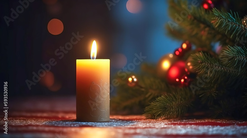 Christmas background with a burning candle and decor details  generative AI.