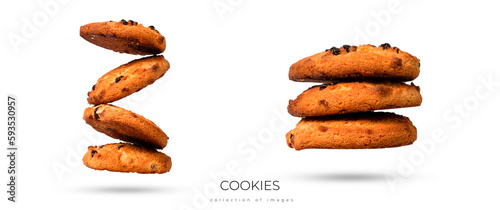 Chocolate chip cookies falling isolated on white background, food levitation