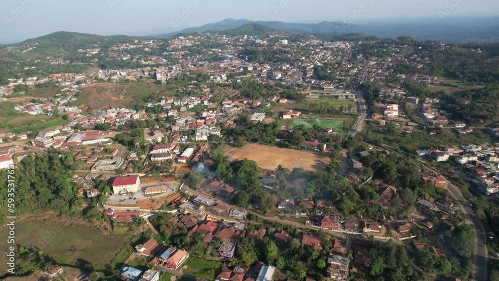 Field Marshal K M Cariappa College ground in a aerial view located at Madikeri, Coorg, Kodagu, Karnataka, India. Field Marshal K M Cariappa College ground in a aerial view located at Madikeri, Coorg, Kodagu, Karnataka, India.