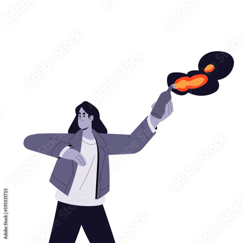 Woman vandal throwing fire bottle, burning flammable Molotov cocktail, flame bomb. Angry girl hooligan attacking with gasoline weapon. Flat graphic vector illustration isolated on white background