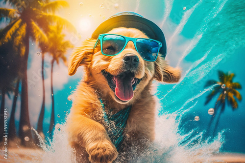 A cute puppy in a hat and sunglasses runs along the sand on the sea coast under palm trees. AI Generated