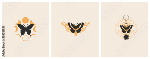 Hand drawn vector abstract graphic illustrations celestial design concept with logo magic line silhouette set of mystic flying butterfly,moth,sun and moon phase isolated. Magic drawing butterfly icon. © anastasy_helter