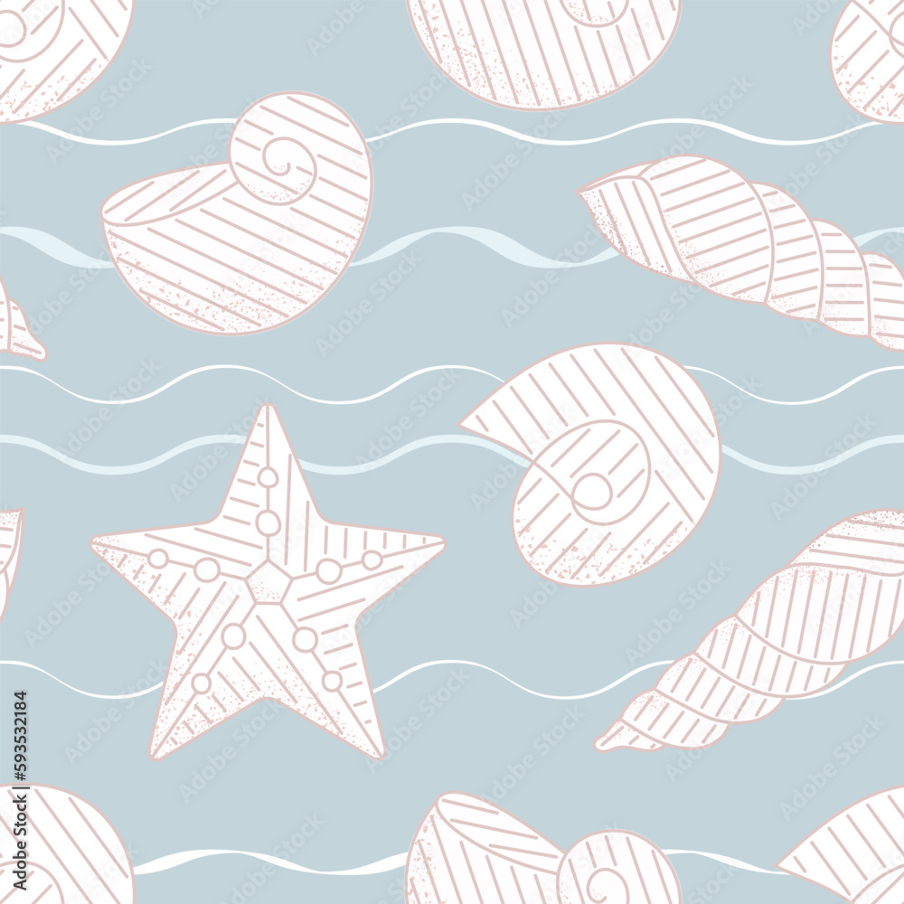 Sea shell vector seamless pattern. Textured seashells, stars background. Summer line doodle shapes on blue, underwater vintage fabric, wrap