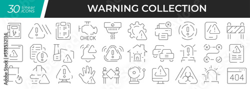 Warning linear icons set. Collection of 30 icons in black